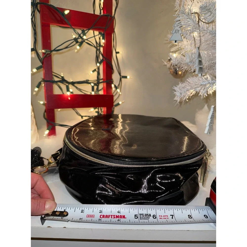 Lancome Black Patent Round Vanity Makeup Train Case Bag Cosmetic‎